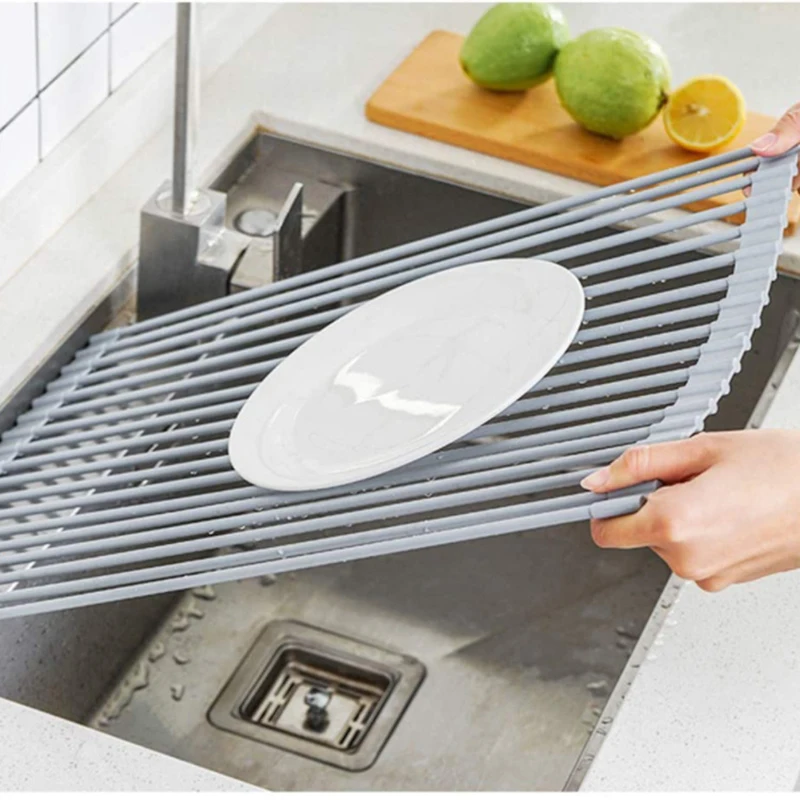 

Silicone rollup drain rack kitchen stainless steel folding telescopic shelf roll up sink rack