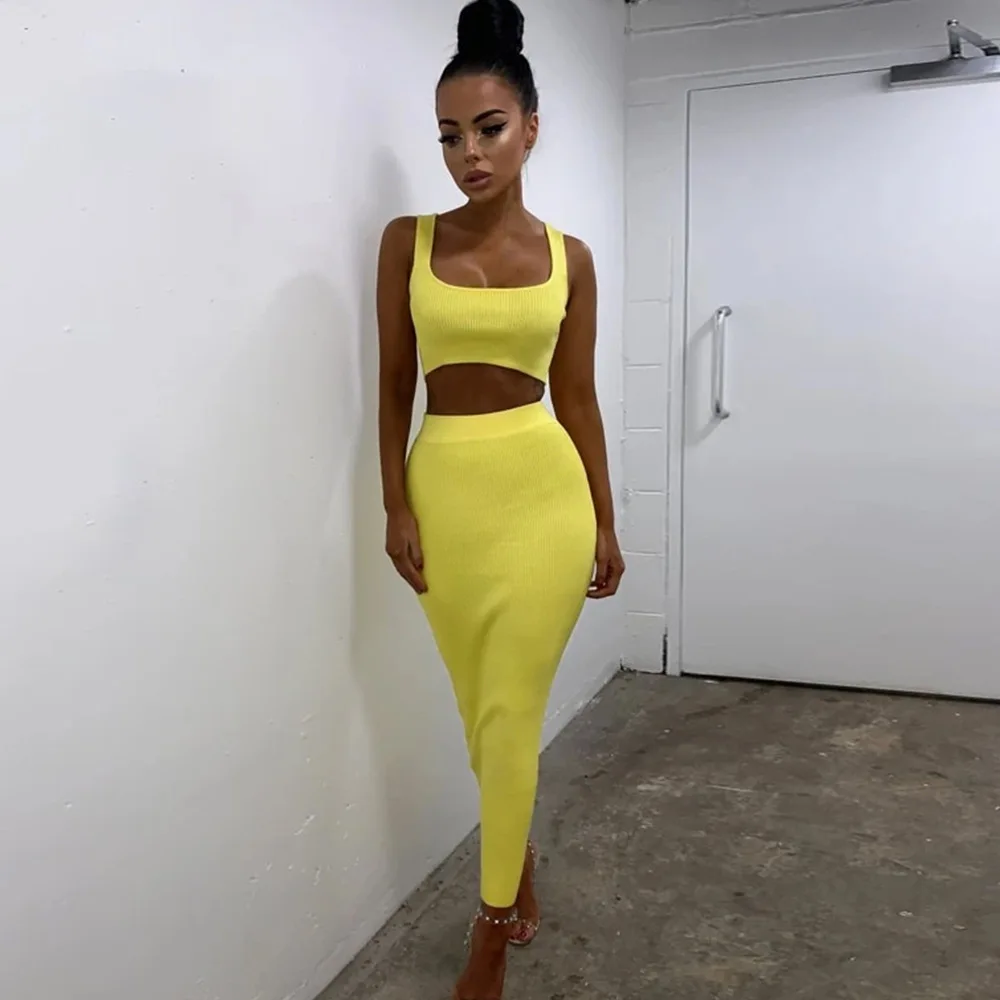 

Fashion Wholesale 2021 Summer Women's 2 pieces set 7 colors sexy Tank top crop short top suit slim solid color skirt, Color as picture