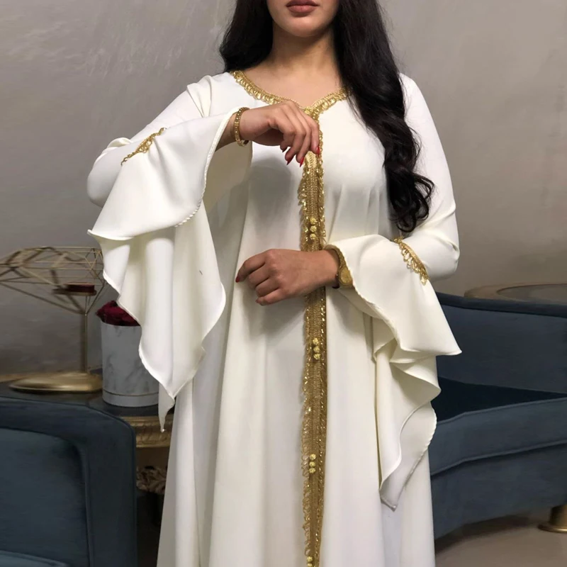 

Jalabiya Kaftan Dress For Women Dubai Turkey Golden Ribbon Embroidery Loose Muslim Arabic Islamic Clothing White 2020