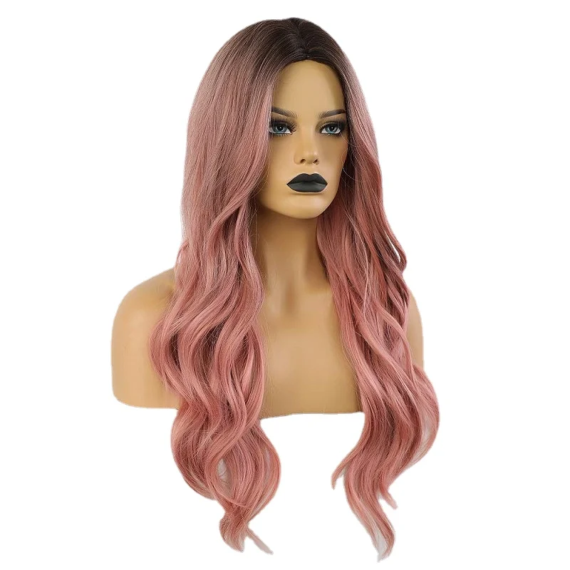 

Dropshipping Women Pink Color Consition Long Curly Hair Wigs Middle Part Bangs Hair Head Cover Marcel Wave Hairpiece