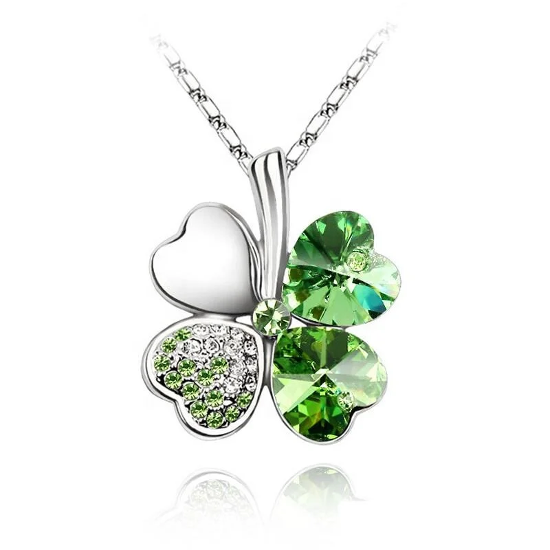 

Austrian Crystal 4 four Leaf Leaves Clover pendant fashion jewelry necklaces initial charm necklace women bling necklace, Green