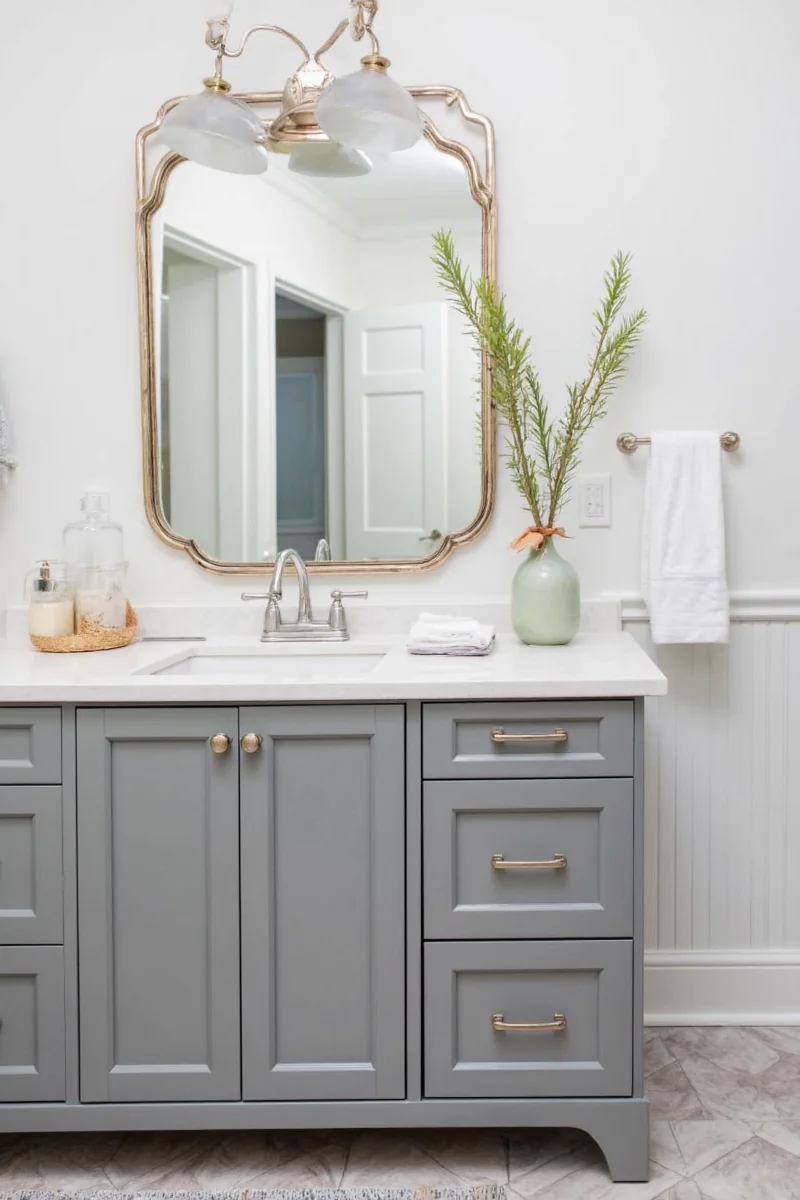 Floating gray bathroom vanity
