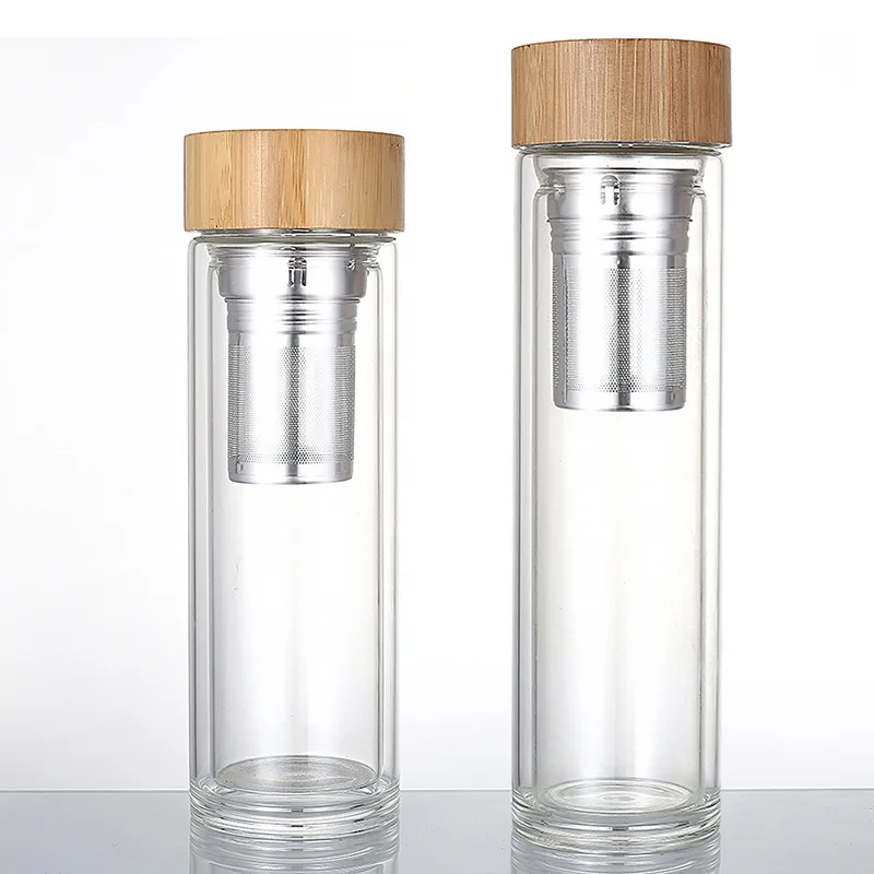 

Eco-friendly bpa free double wall stainless steel glass water bottle bamboo lid 350ml 400ml with custom logo