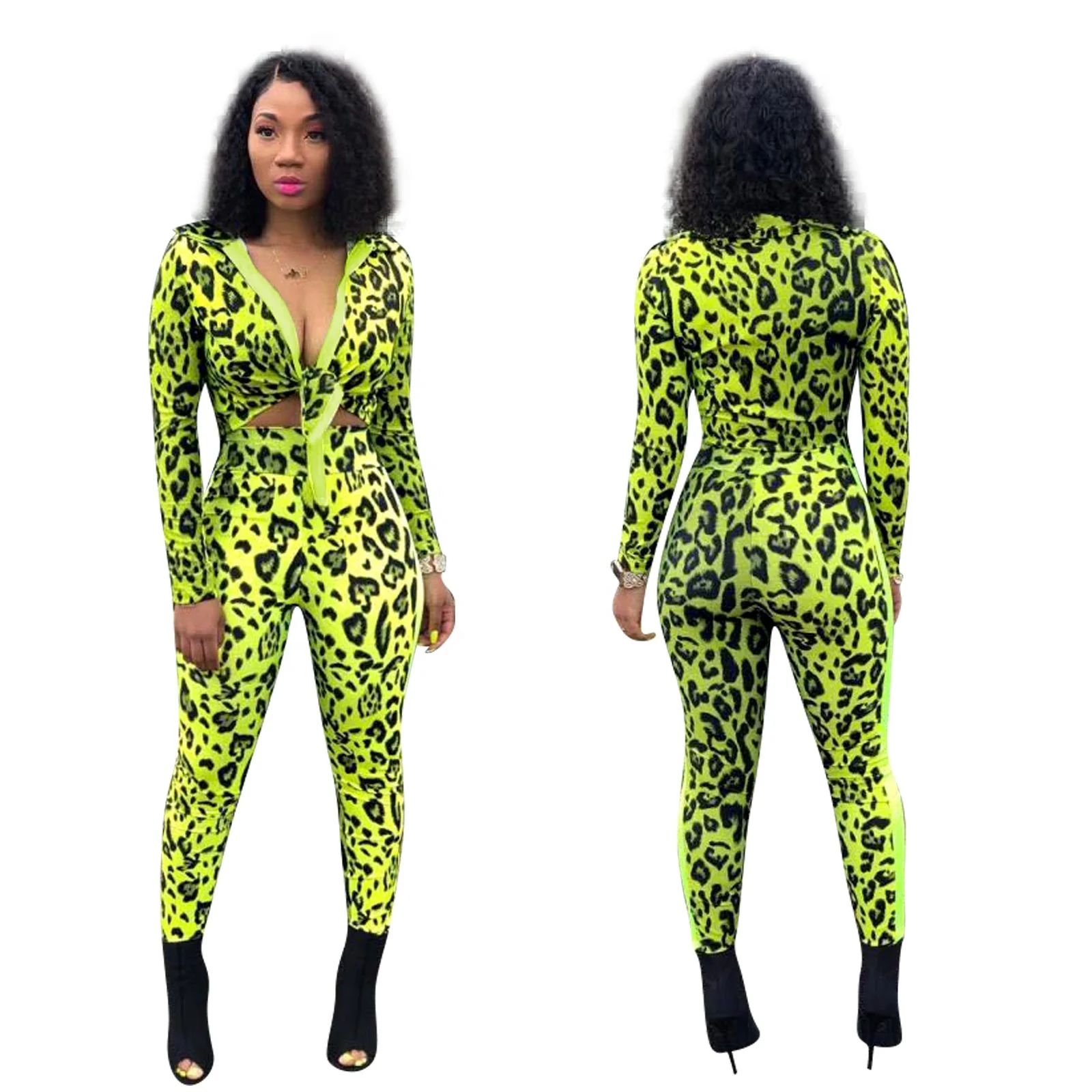 

B63601A Cross-border 2020 Autumn/winter European and American women's green leopard print trouser suit two-piece set, As picture