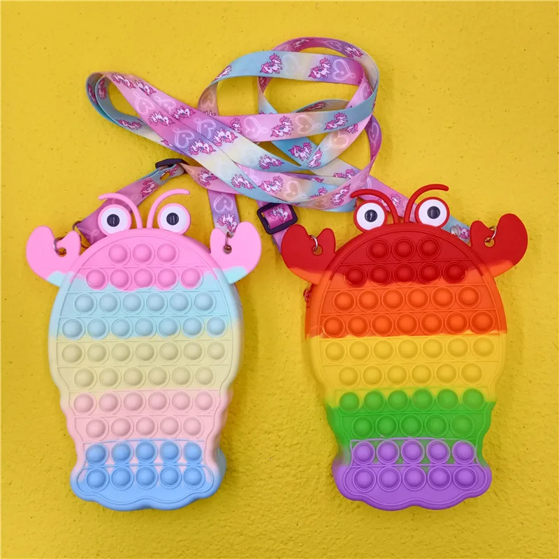 

New Design Fashion Cartoon lobster Kids Soft Silicone Push Bubble Crossbody Hand Money Bag Fidget Toy Push Pop It Coin Purse, 2 colors