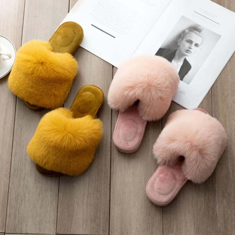 

Faux Fur Flat Mules Warm Loafers Slippers Designs Fur Cotton Winter Shoes for Women