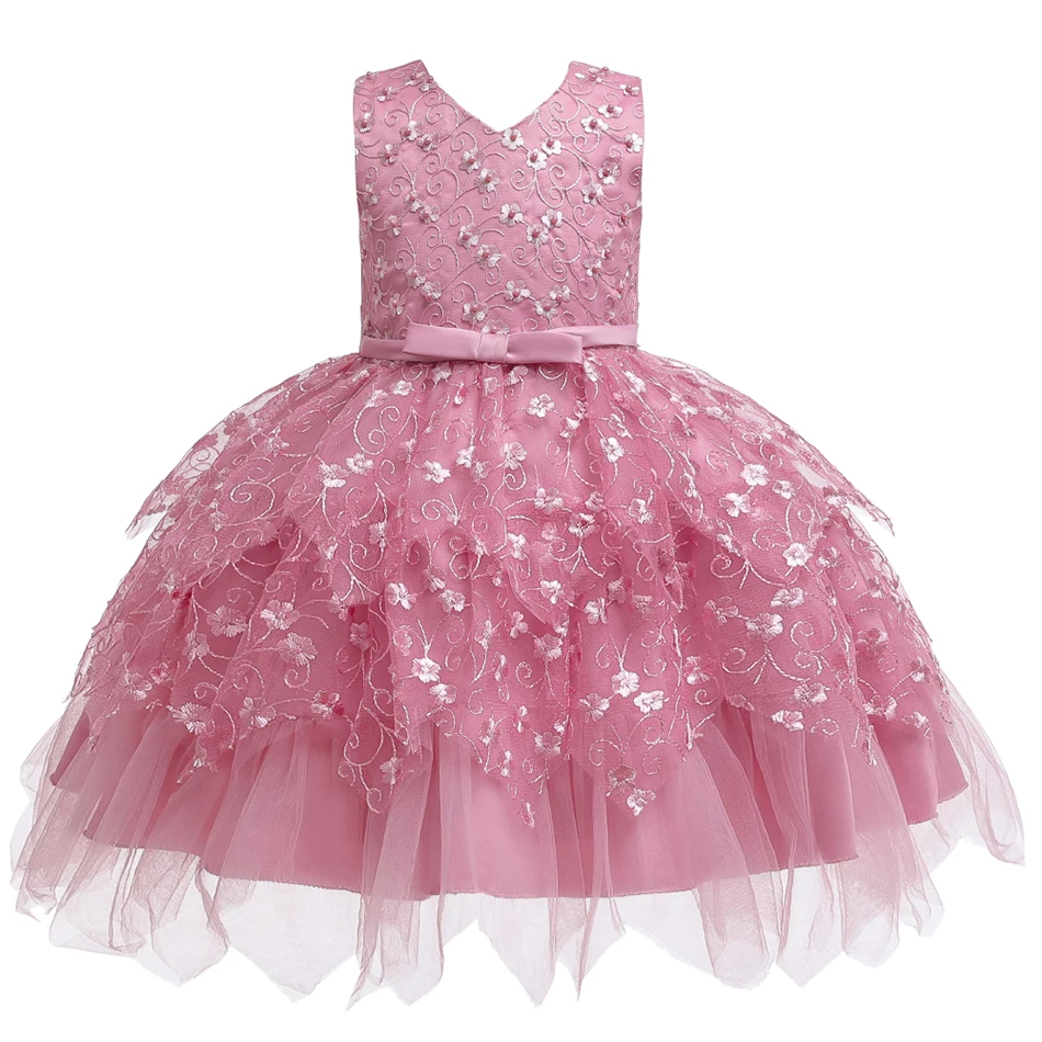 

Girls Evening Dress Lace Summer Sleeveless Flower Appliques Flower Layer Mesh Ball Gown Kids Princess Wedding Party Dress, As picture