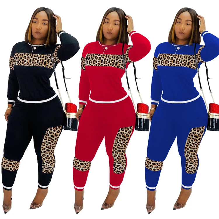 

C91278 Plus size leopard patchwork long sleeve casual women two piece set women clothes