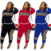 

C91278 Plus size leopard patchwork long sleeve casual women two piece set women clothes