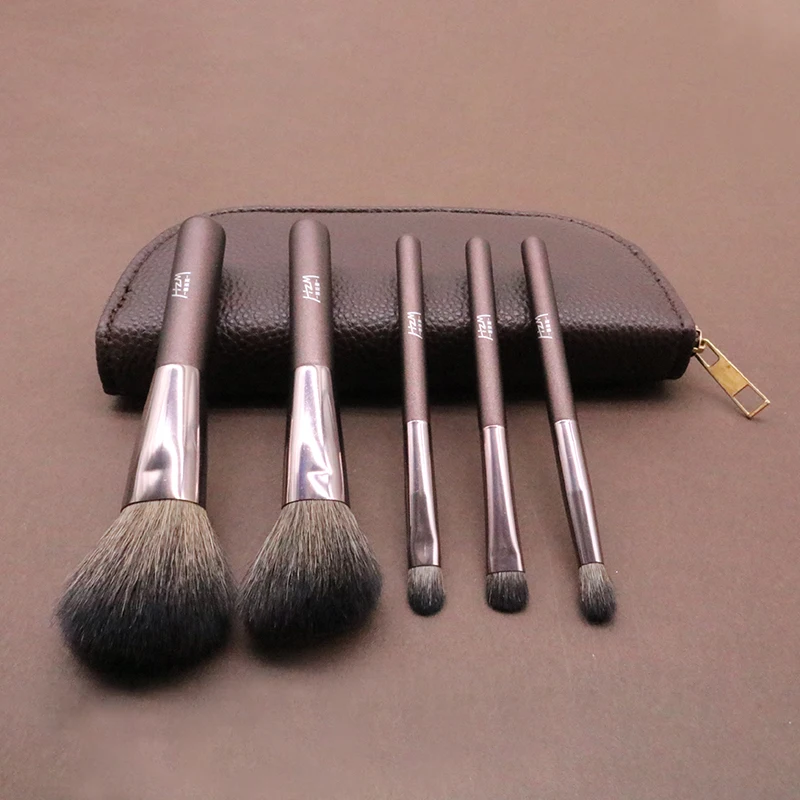 

HZM 5PCS Custom private label Mini Essential Travel Goat Hair Makeup Brushes set customize luxury Cosmetic Brush with bag Kit, Coffee color