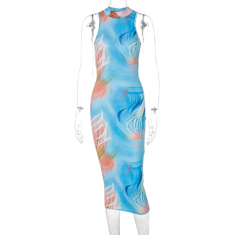 

Sleeveless Women Backless Outfit 2021 Fashion Skinny Maxi Length Tie Dye Long Dress, Customized color