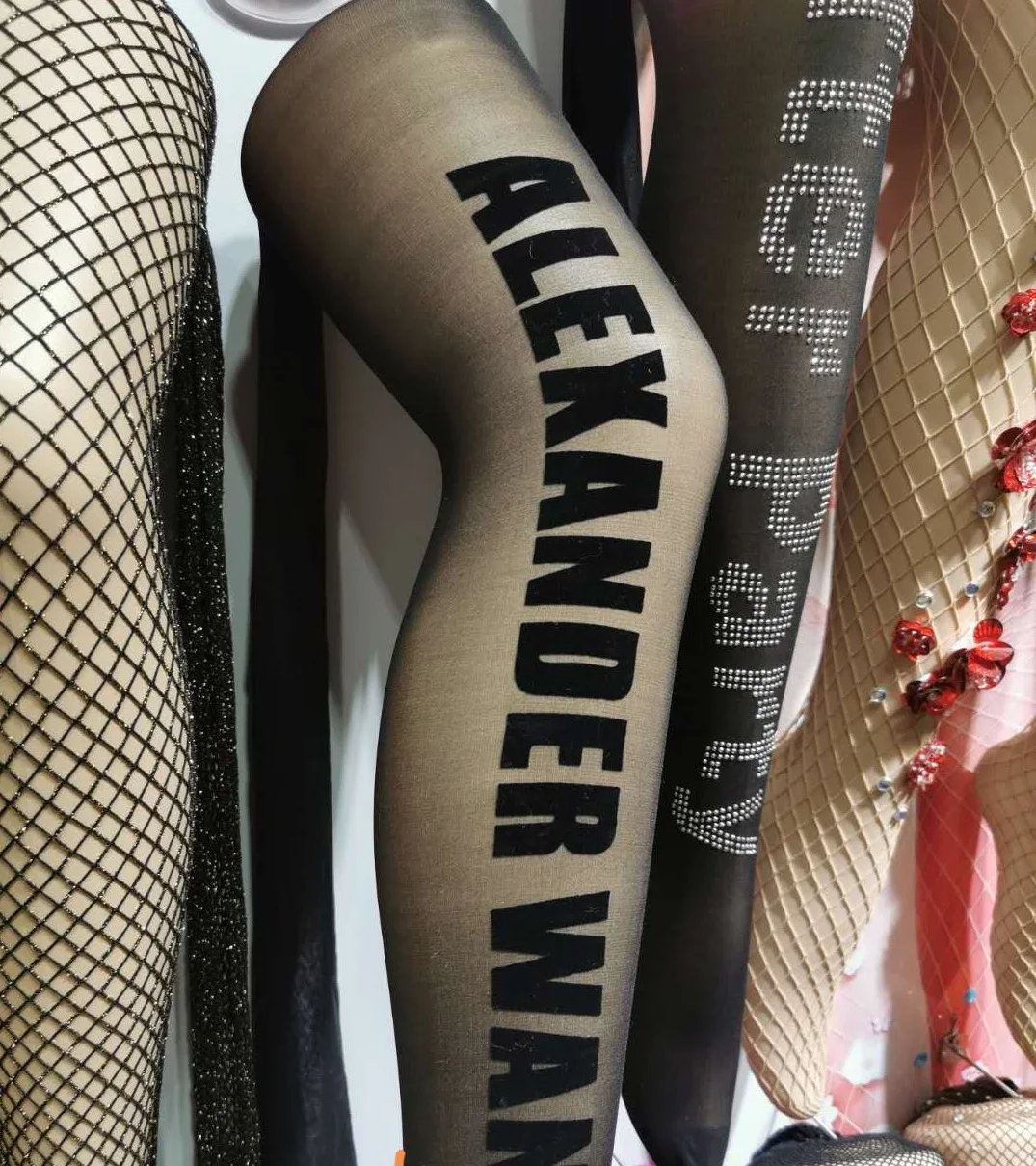 

New Design Brand Logo Burn-out Flocking Full Letter Big Brand Name Tights Transparent Black Legging