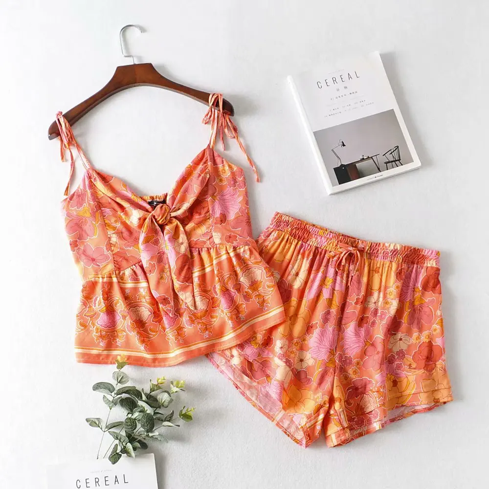 

2020 Summer Beach Bow Flower Print Elastic Waist Orange Tank Top Short Set Women