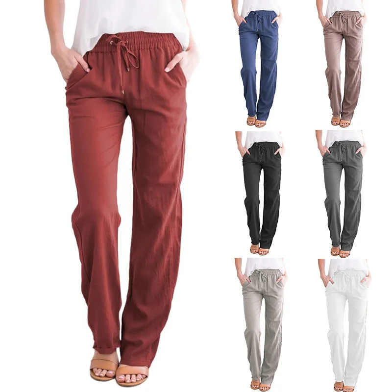 

Women's pants fashionable solid color cotton and linen drawstring loose casual wide-leg women's trousers, White, khaki, black, blue, burgundy, light grey, dark