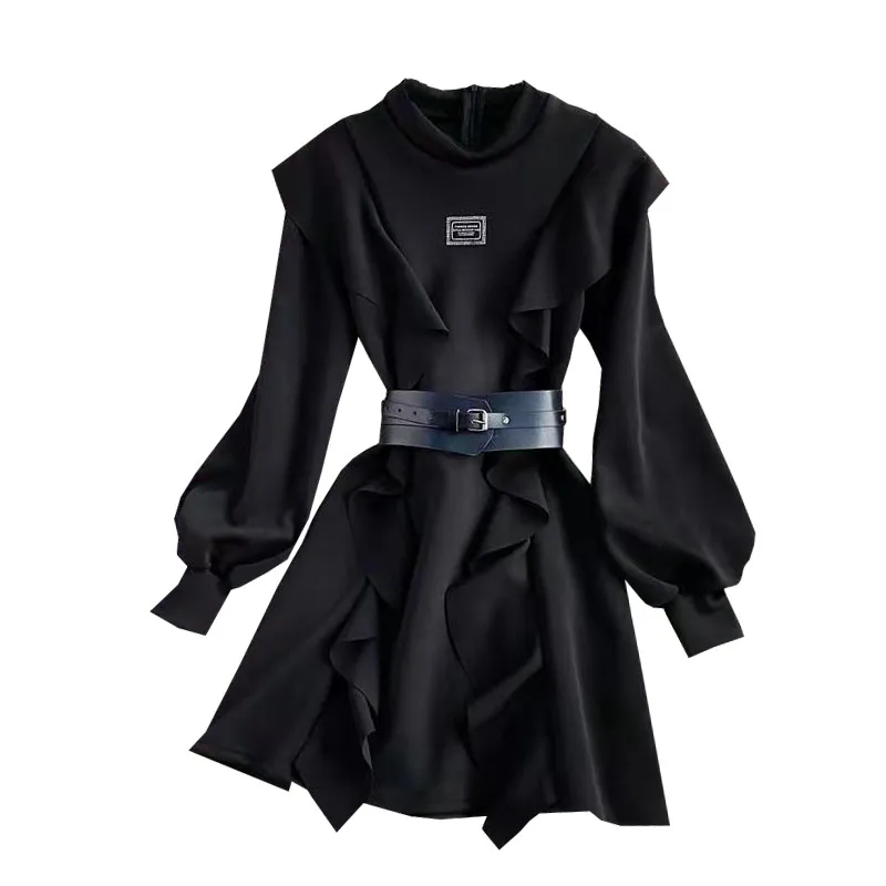 

2021 autumn and winter new design sense ruffled slim slimming A-line skirt solid color all-match fashion dress with belt