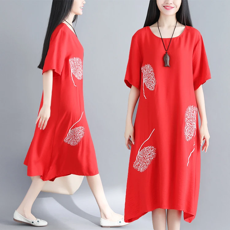 

2021 summer plus size cotton and linen embroidered short-sleeved loose mid-length dress