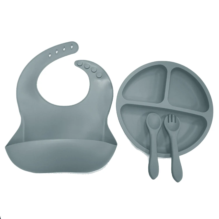 

2020 new baby feeding set baby bib silicone dinner non-slip suction plates with spoon and fork set, Muted,sage,ether,dark grey,mustard,clay,apricot etc.