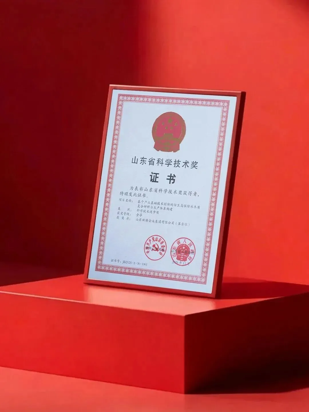 Certificate of the Shandong Provincial Science and Technology Award, First Prize