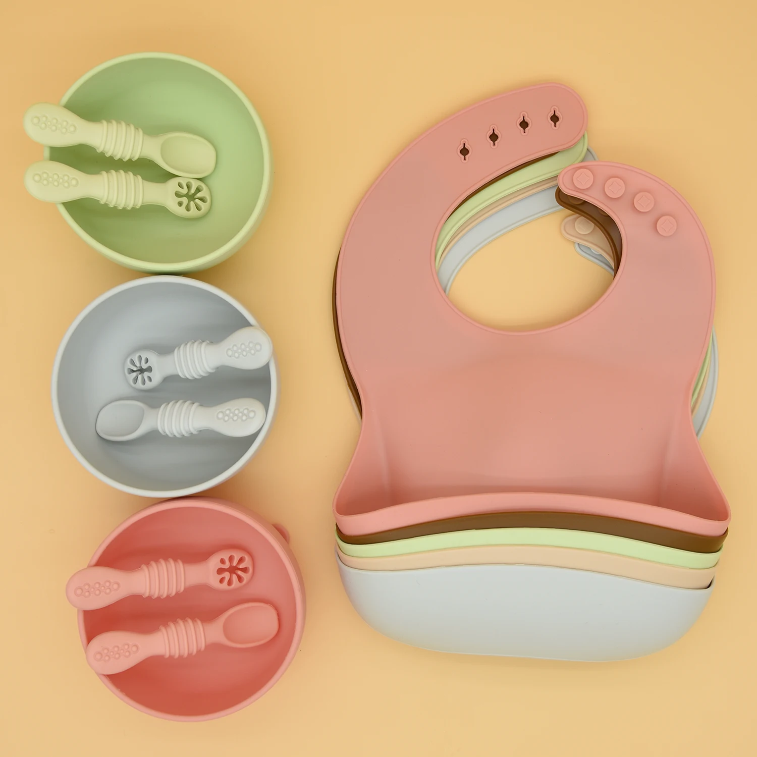 

China Baby Bib Manufacturer Wholesale Customized Waterproof Long Sleeve BPA free Toddler Feeding Baby Silicone Bib Set, Any pantone color
