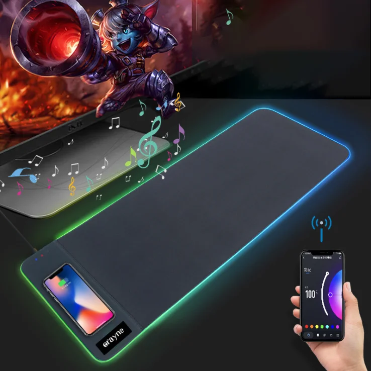 

Wireless charging black large mouse pad custom logo LED rgb gaming mouse pad with leather wireless charger