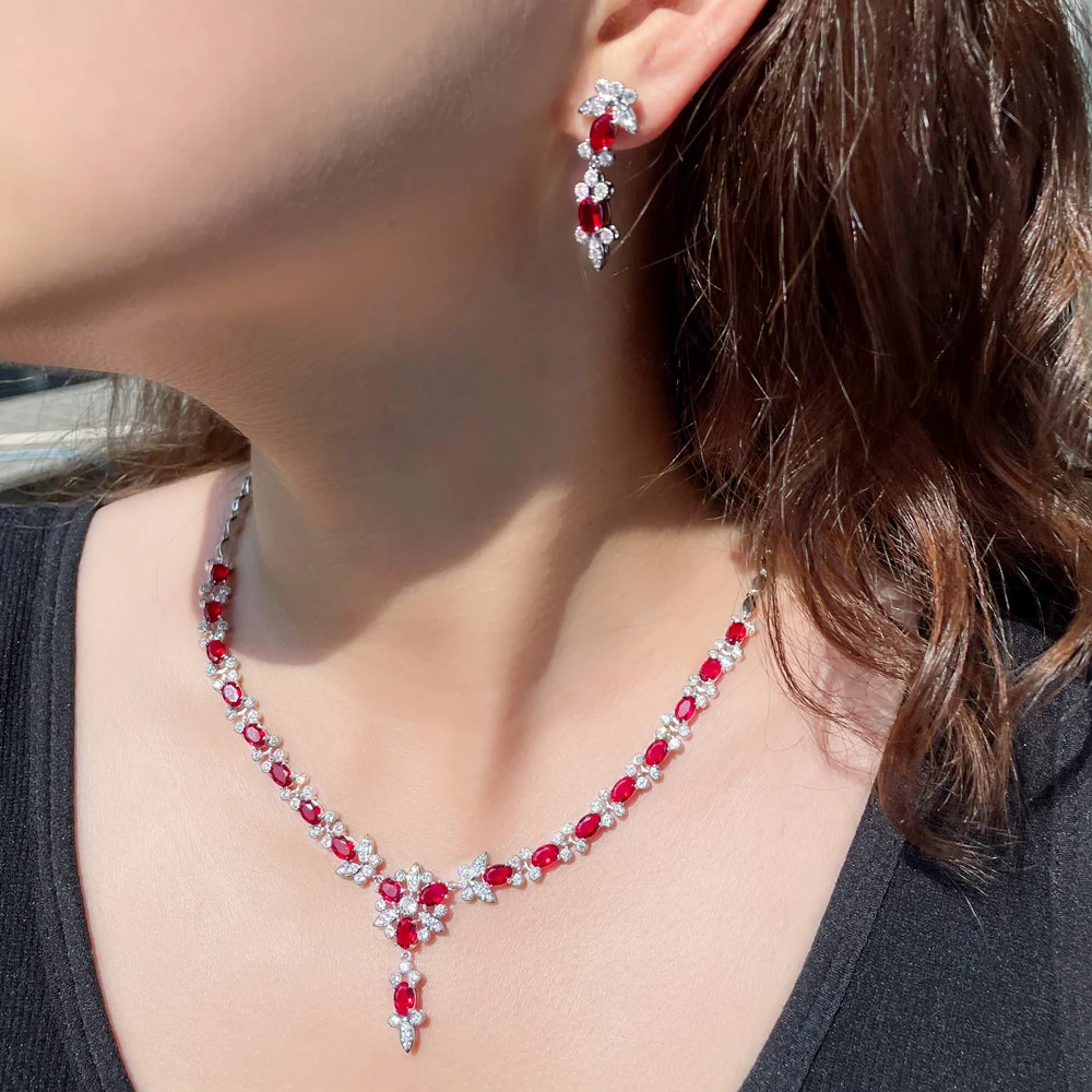 Elegant CZ Jewelry Oval Cut Ruby Cubic Zircon Stone Women Party Flower Red Crystal Necklace and Earrings Sets for Brides Wedding