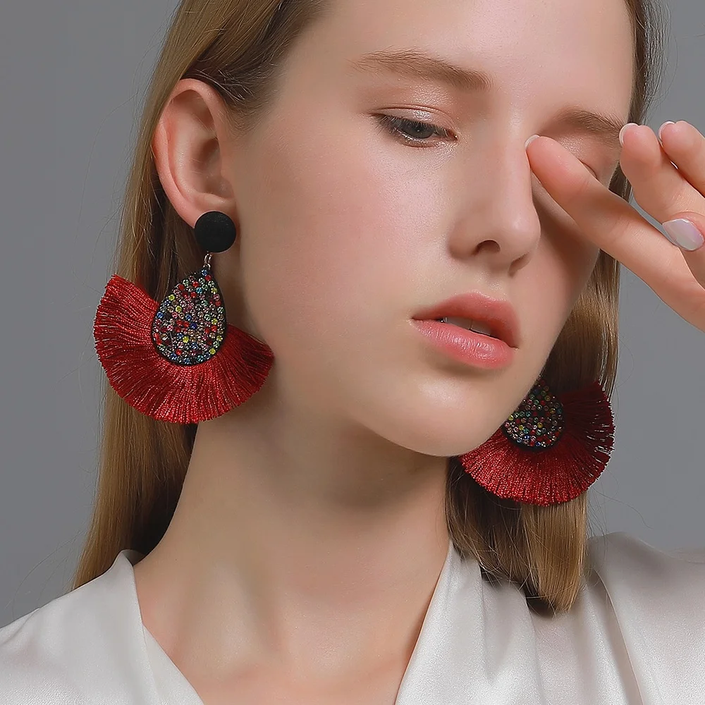 

Classic retro Rhinestone bohemian macrame Earrings, Red&blue&black&mazarine