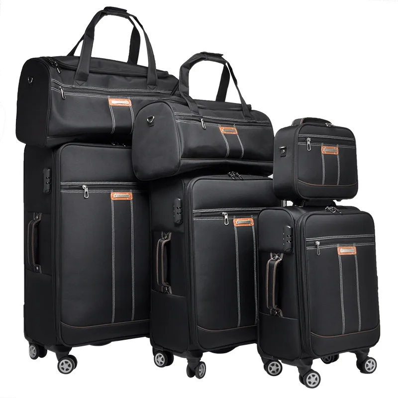 

6 pieces trolley luggage set polyester material expandable spinner wheels travel luggage business carry-on luggage, Black, blue, brown, grey, red, customized