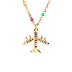 Creative Gold 316L Stainless Steel Full Crystal Airplane Necklace Colorful Zircon Airplane Pendant Necklace
