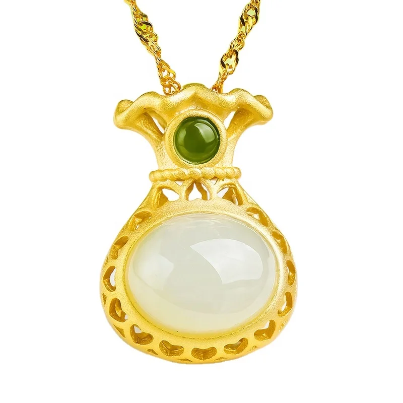 

Certified White Jade Fortune Bag Pendant Silver Gold-Plated Hetian Jade Hollow Pattern Money Bag Necklace Palace Style Hanfu