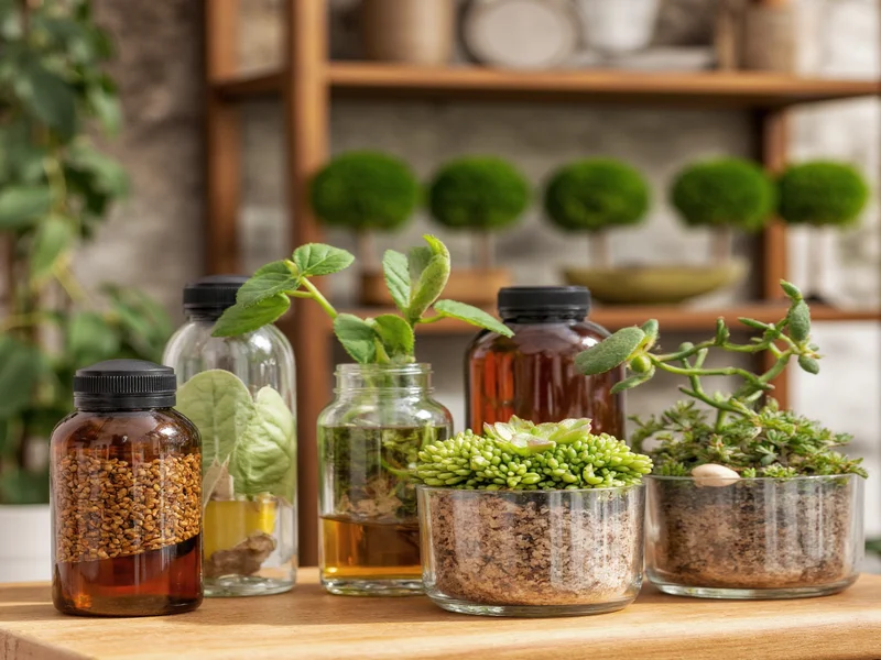 Upcycled e-liquid bottle planters with succulents on wooden shelf