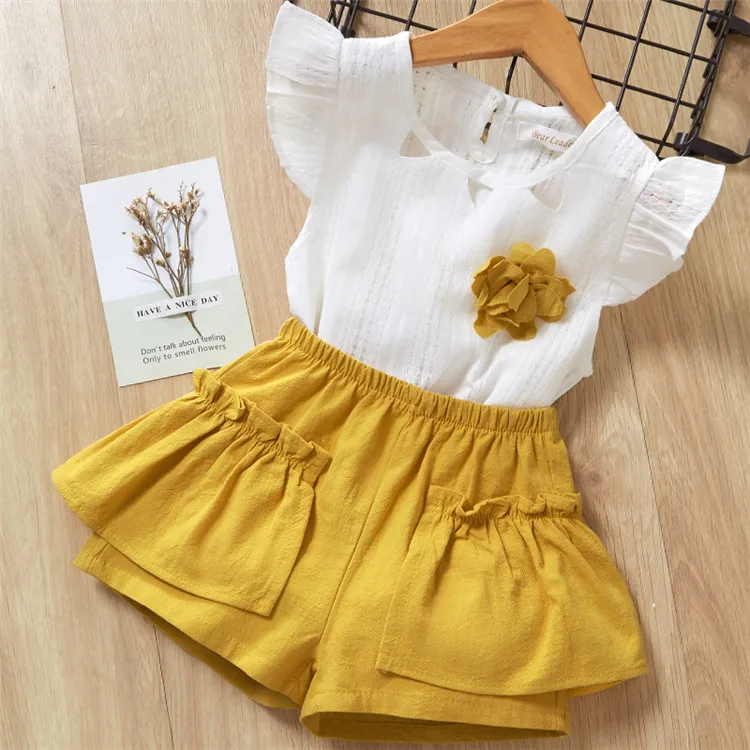 

Girls 2 Piece Outfits Sleeveless Flower Ruffled Top Shorts Clothing Sets Baby Summer Lovely Cotton Kids Clothes Sets, Pink, yellow