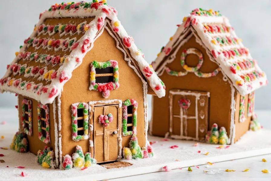 Professional gingerbread house with intricate candy decorations and royal icing details on wooden table