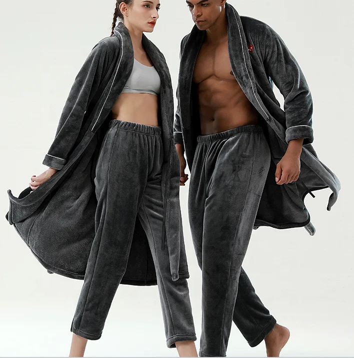 

Wholesale custom new design unisex long sleeve robe with long pant 2 pieces plush men bathrobe