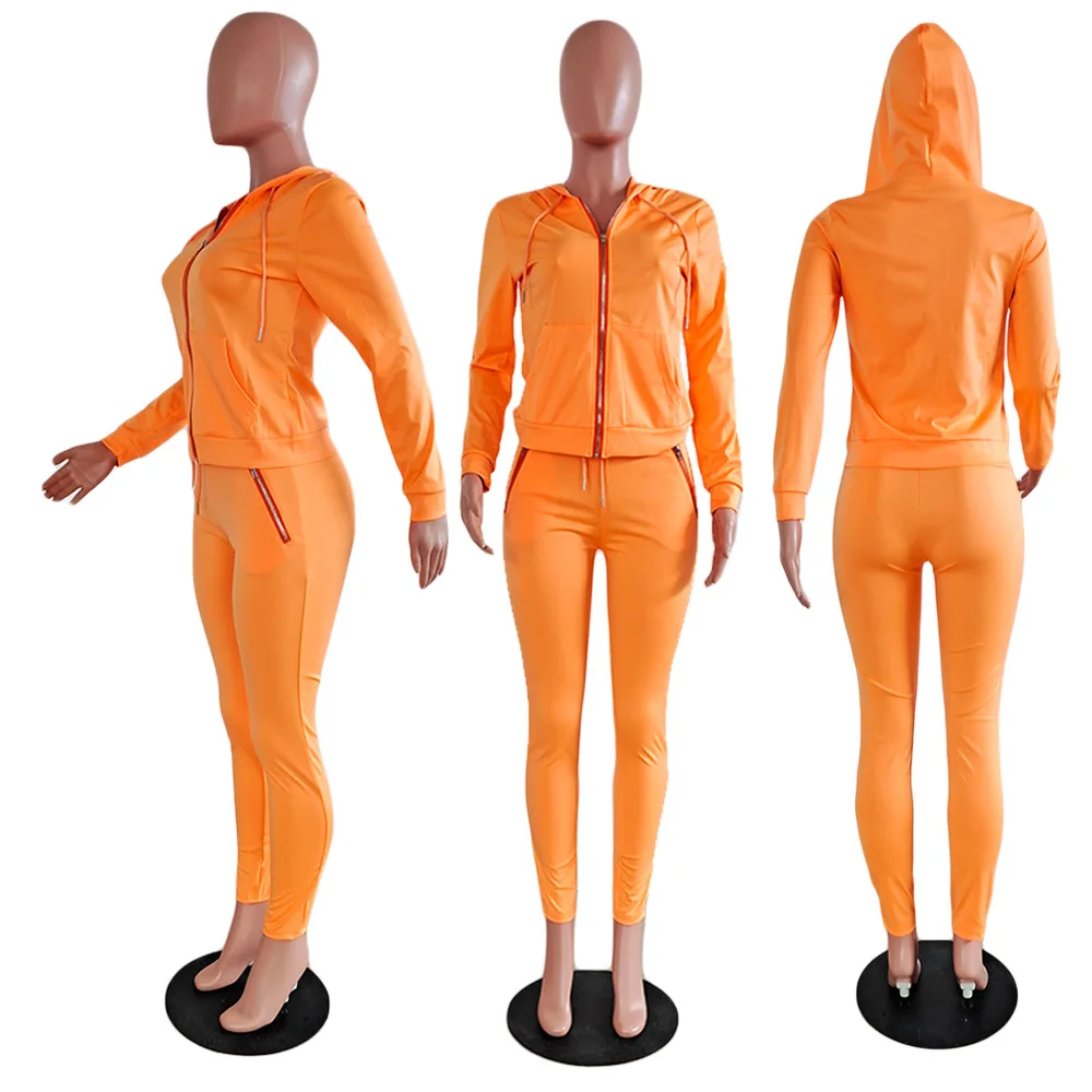 

Hot sales casual Two Piece Set Tracksuit Zippers Outfits 2020 fall winter Sweatshirt Solid color suit, Pink, rose-red,orange