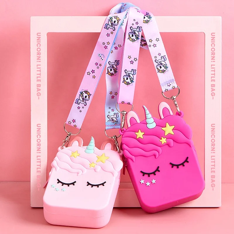 

Top Sale Factory Wholesale Price Mini Coin Purse Stock Cartoon zipper Silicone Unicorn Coin Purse With Strap, Rose , pink , white