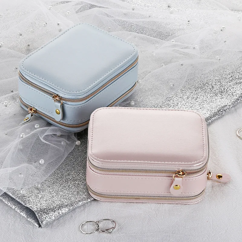 

PU Zipper Leather Jewelry Case Portable Ring Jewellery Travel Boxes Necklace Earring Lipstick Storage Box, Pink, blue