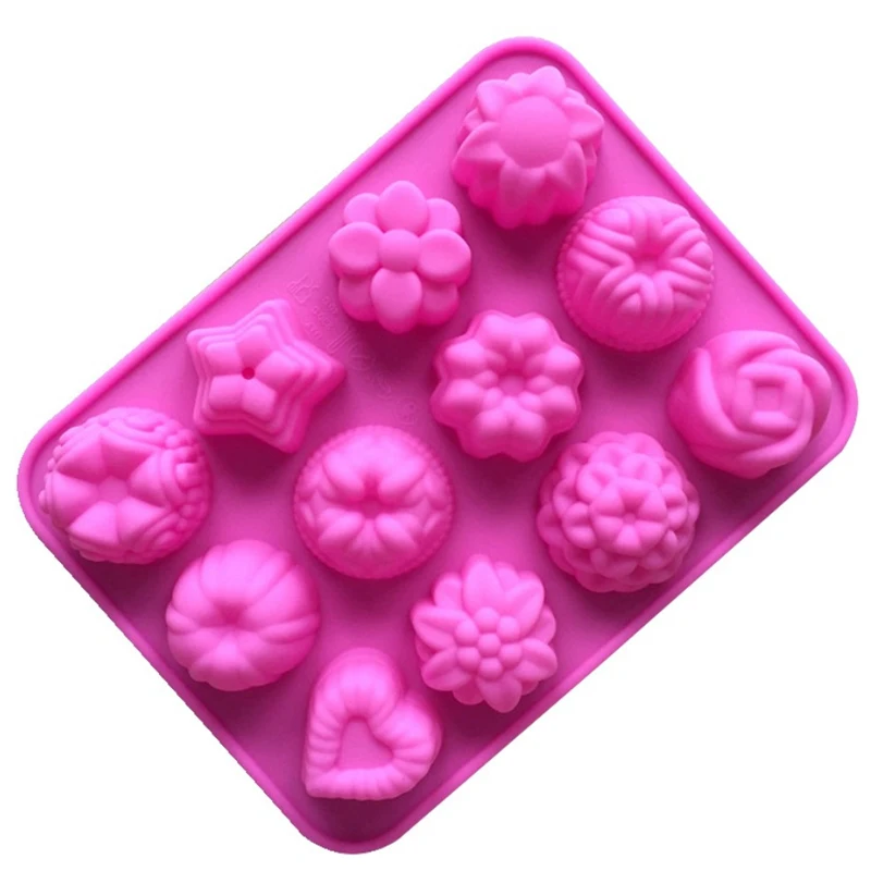 

Silicone Bakeware Mold For cake chocolate Jelly Pudding Dessert Molds 12 Holes With Flower Heart Shape, Pink