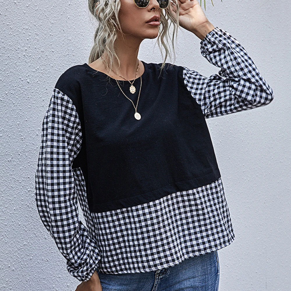 

shein Plaid stitching solid color loose round neck long sleeve T-shirt women casual pullover top