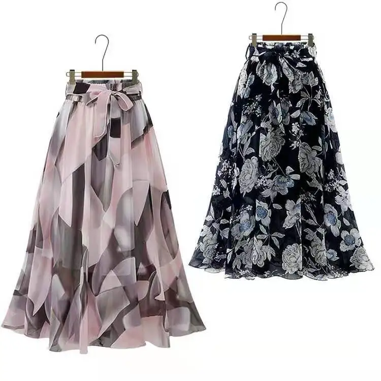 

2021 Long Waist A-line Pleated Summer Floral chiffon skirt with long print and large swing Long Tulle Skirt