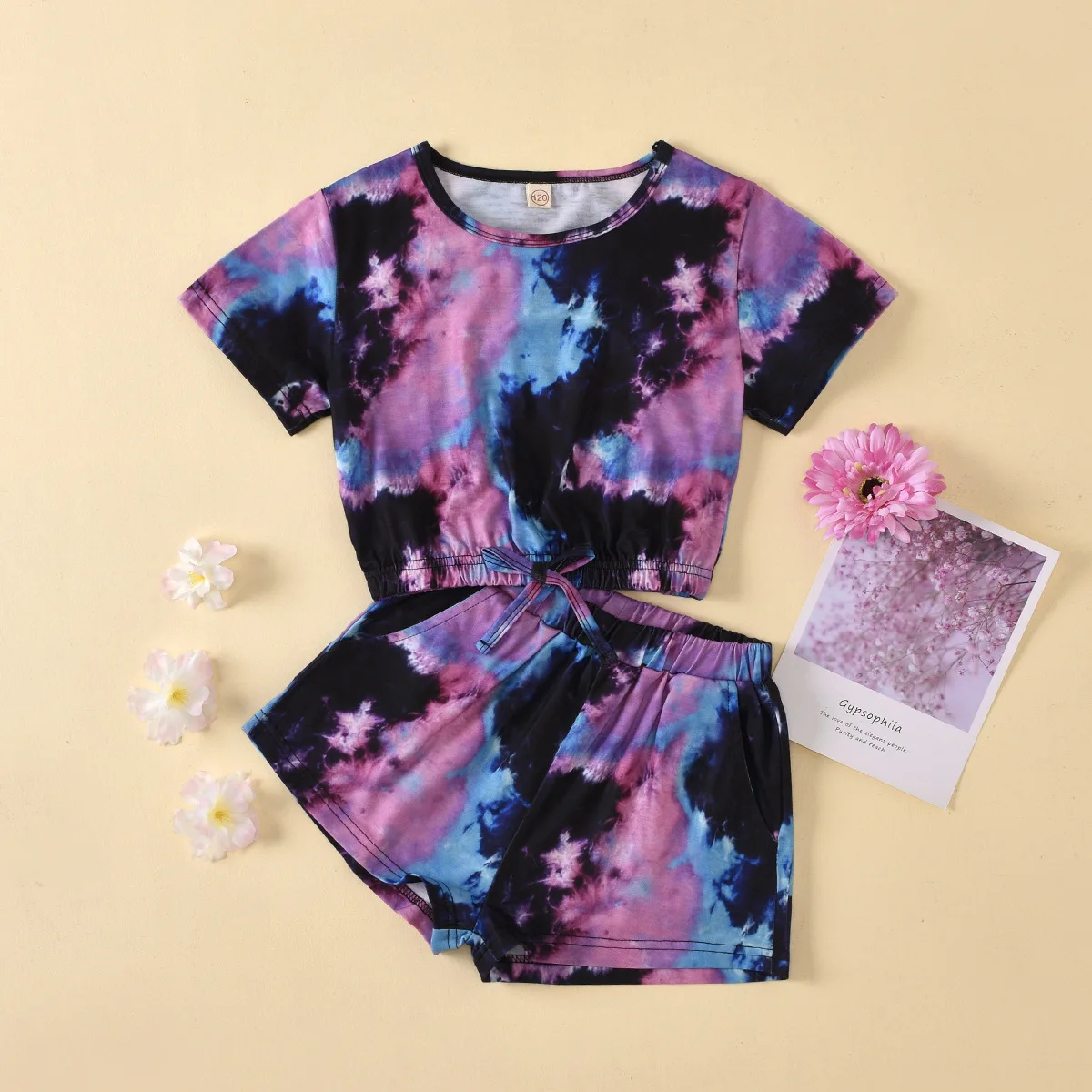 

Amazon Hot Sale Summer Toddlers Girls Tie-dyed Fabric Short Sleeve Tops Shorts Clothes Set