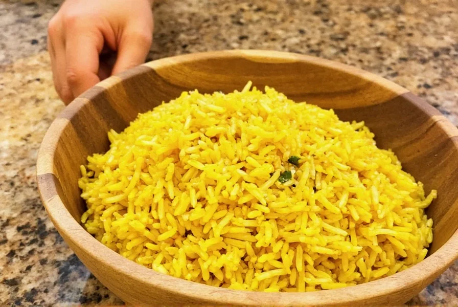 Perfectly cooked golden turmeric rice in a white bowl with fresh cilantro garnish