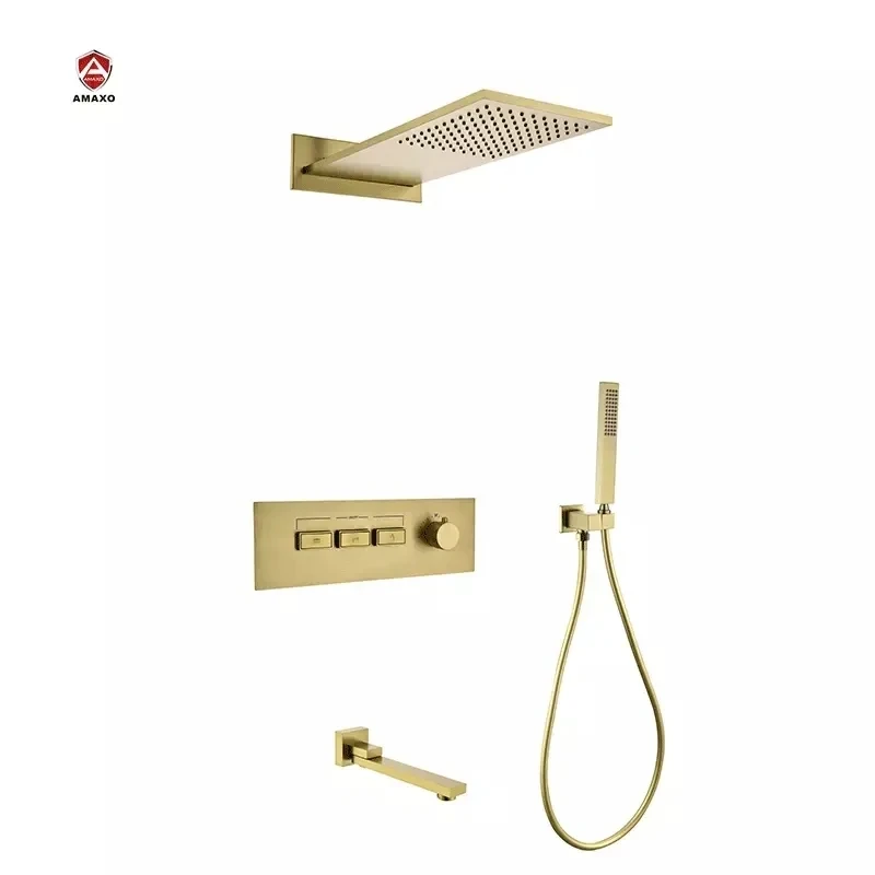 

AMAXO Luxury Thermostatic Shower Set Wall Mounted Gold Color Rainfall Bathroom Bath And Shower Faucet Brass
