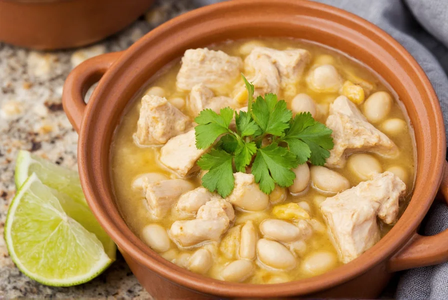 White bean and chicken chili in a ceramic bowl with fresh cilantro garnish, creamy texture visible, served with lime wedges