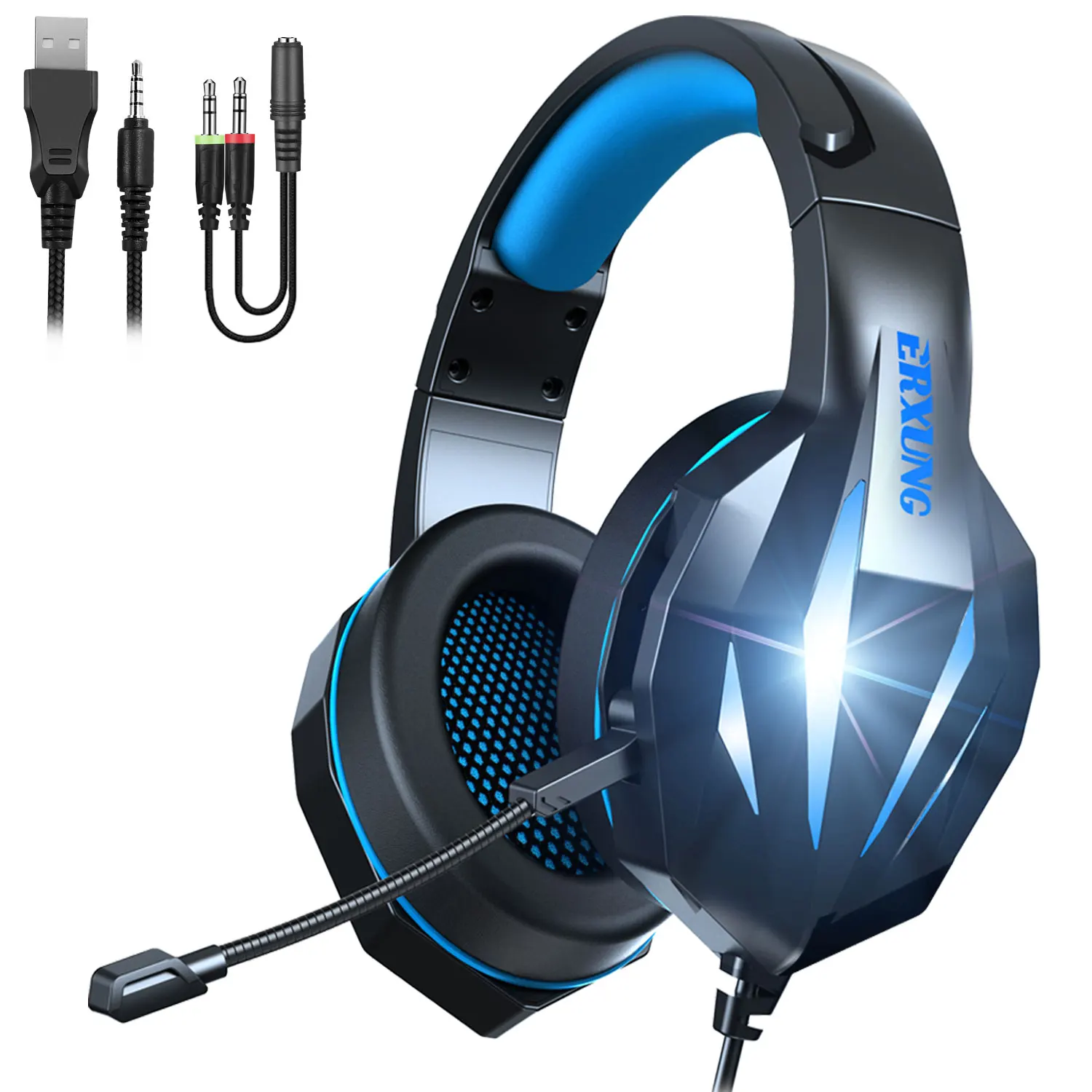 

Amazon Hot Selling Blue Earphnoe E-sport Boys Girls Stylish Computer Games Lighting Mic Cool Light Up Comfortable Gaming Headset