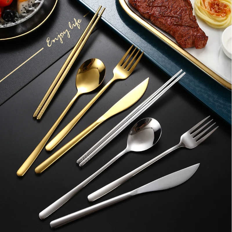 

Golden plated flatware stainless steel 18/10 rose gold black korean cutlery set spoon fork knife chopsticks, Sliver, gold , rose gold , black , rainbow
