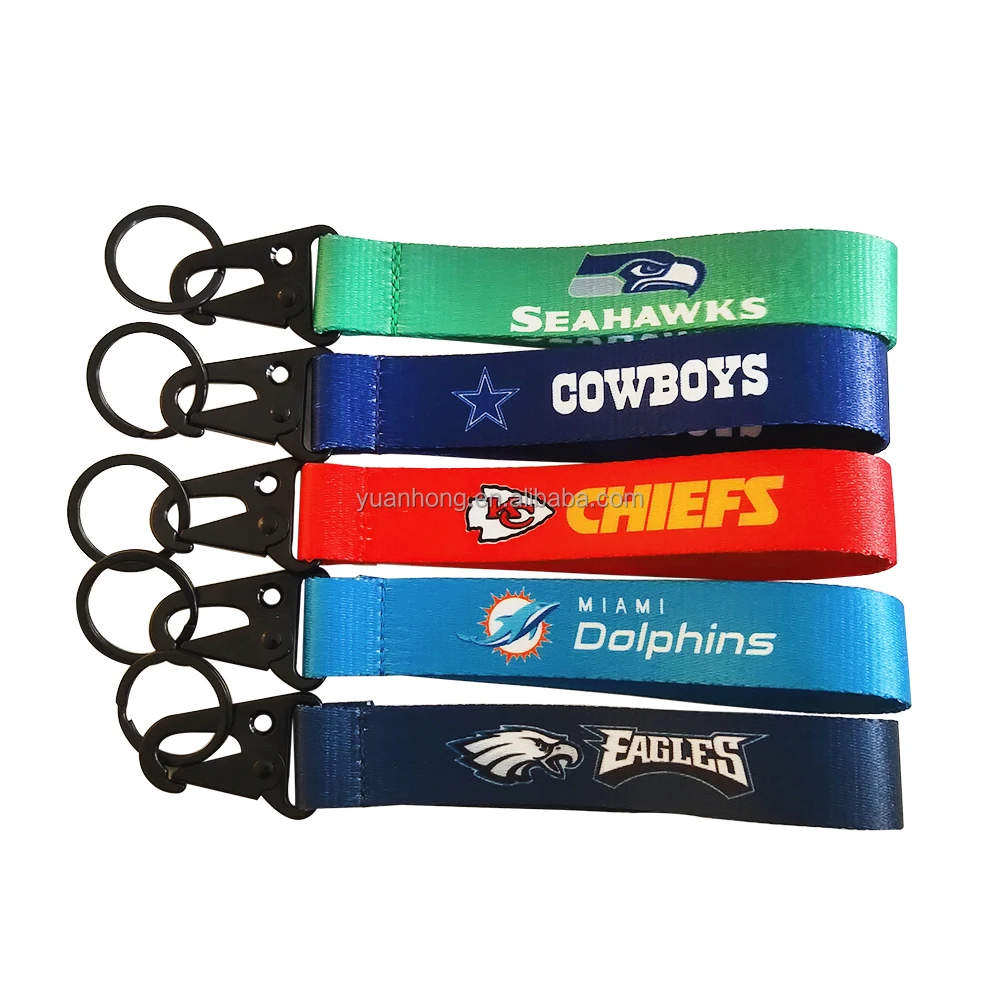 

Factory Direct Sell NFL Logo Metal Keychain With Hanging Buckle Durable Polyester Sublimation Printing Wrist Strap