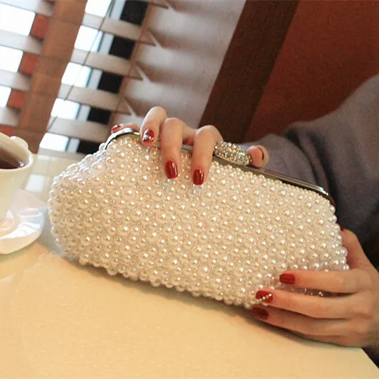 

Custom Women Elegant White Evening Handbag Clutch Pearl Beaded Bag Handmade