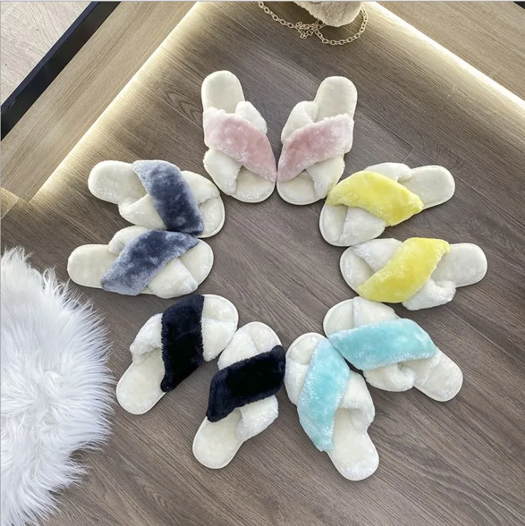 

Winter Slides Furry Bedroom Slipper Fashion Flat sole Women's Cross Match colors Fur Slippers, 5 colors