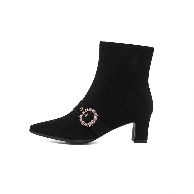 

New Pointed Head Suede Commuter Thick Heels Ladies Boots, Black grey apricot