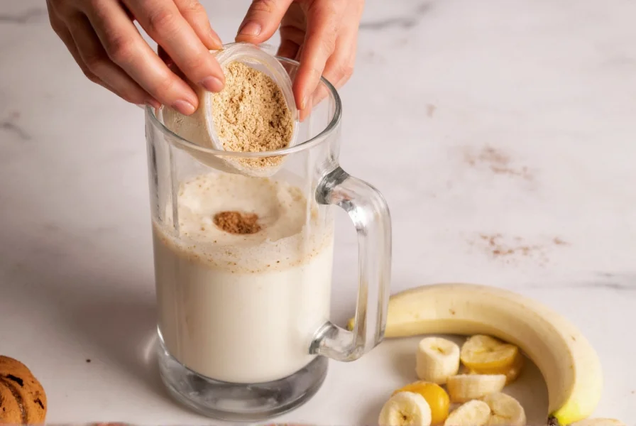 Person mixing cinnamon roll protein powder with almond milk and banana in a blender for optimal taste